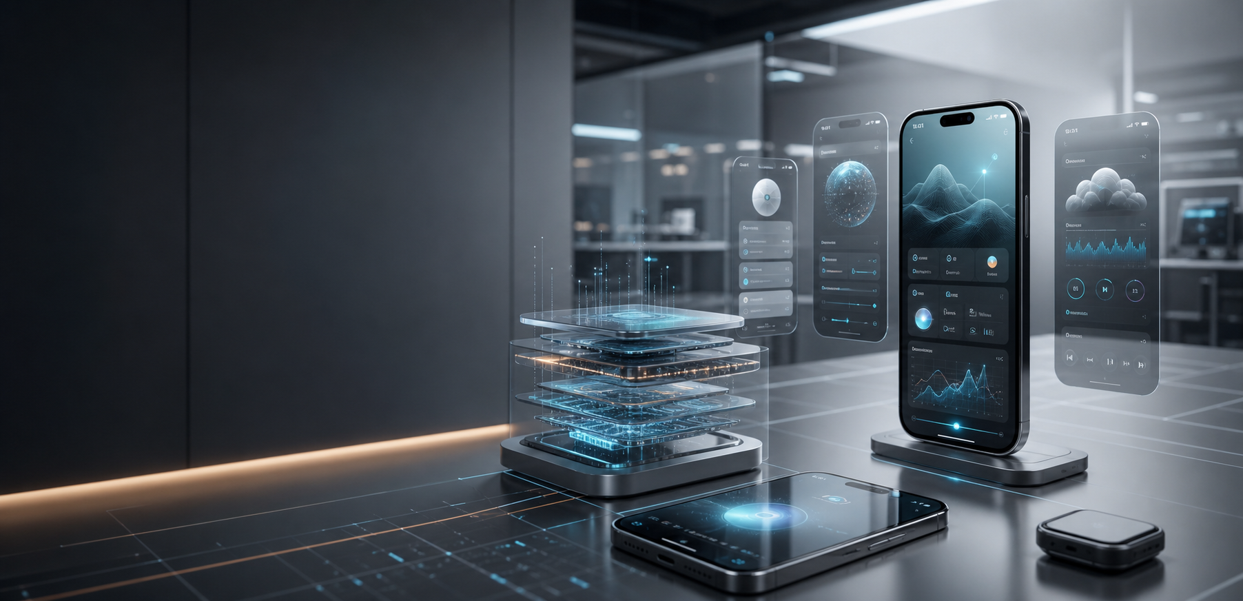 Mobile app and software product prototypes in a modern studio